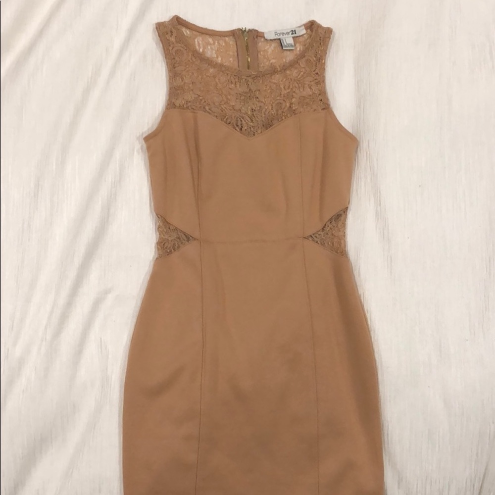 Tan Dress with Lace Cut-outs